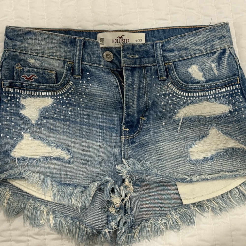 Hollister Women's Blue Distressed Jean Shorts with Rhinestones